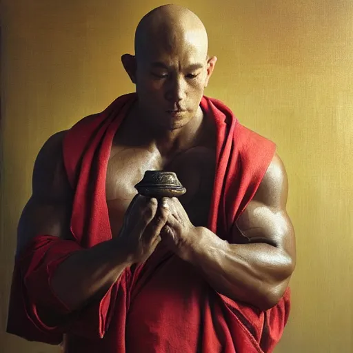 Image similar to bodybuilder turtle wearing a monk robes holding incense burner. natural lighting by ruan jia, portrait