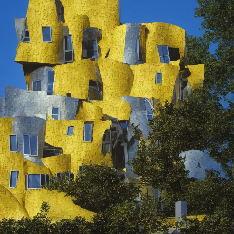 Image similar to a small house, designed by Frank Gehry. Big Tiles. Film grain, cinematic, yellow hue