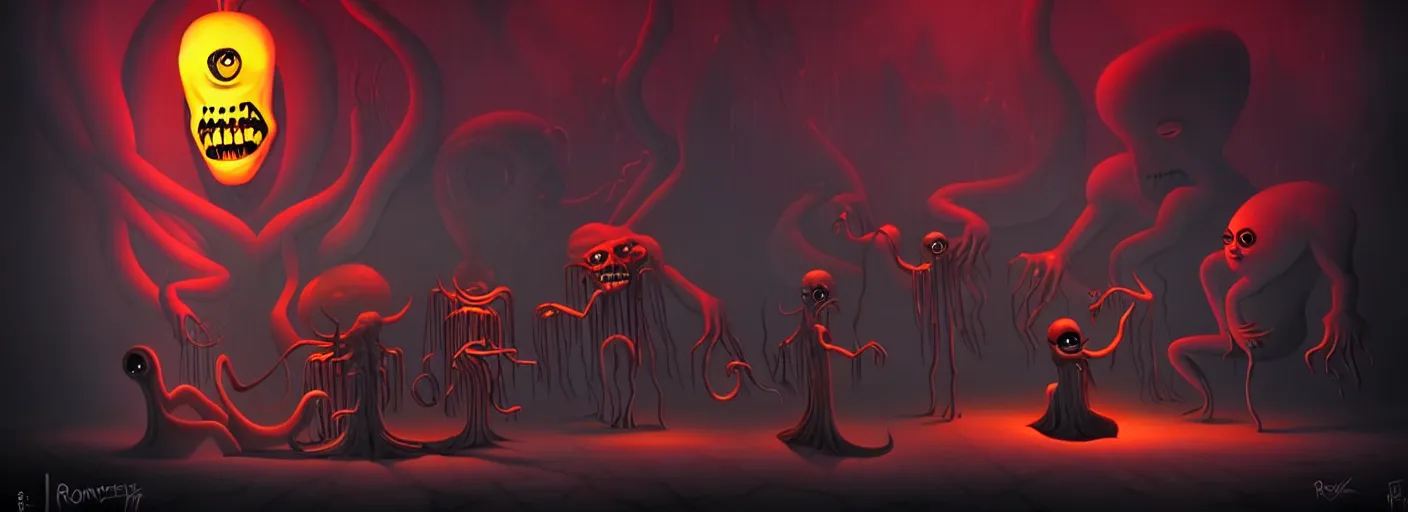 Prompt: uncanny monsters from the depths of the collective unconscious, dramatic lighting, surreal dark 1 9 3 0 s fleischer cartoon characters, surreal painting by ronny khalil