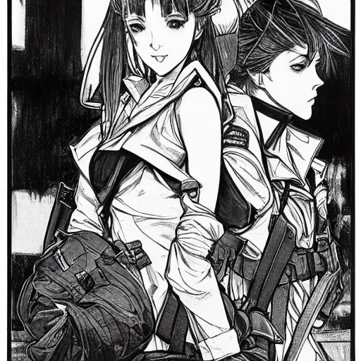 Prompt: manga style, black and white, thin line art, portrait of a girl, shoulder eyes, trench and sandbags in background, soldier clothing, military gear, short hair, hair down, symmetrical facial features, round face, paper sketch, detailed drawing, by darrow geof, alphonse mucha, greg rutkowski, satoru sao