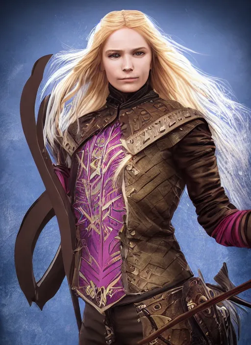 Prompt: An epic fantasy comic book style portrait painting of a young girl with long blonde hair and blue eyes. Wearing brown and magenta leather tribal combat clothes. She is holding hunting bow. Unreal 5, DAZ, hyperrealistic, octane render, cosplay, RPG portrait, dynamic lighting