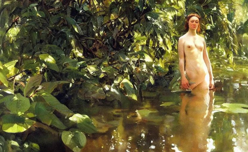 Image similar to oil painting lanscape by anders zorn, jungle nature, fruit trees, very very very very beautiful art, dramatic light, water reflections, female model