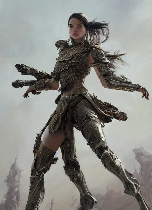 Image similar to a professional portrait of a beautiful young female, clothed in ethereal battle armor, olive skin, long dark hair, beautiful bone structure, symmetrical facial features, intricate, elegant, digital painting, concept art, smooth, sharp focus, finely detailed, illustration, from Valerian and the City of a Thousand Planets, in the style of Ruan Jia and Mandy Jurgens and Artgerm and Greg Rutkowski and William-Adolphe Bouguerea