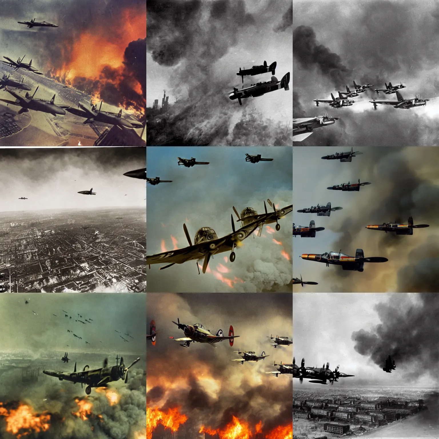 Prompt: landscape photograph of a group of german stuka dive bombers, flying over a destroyed smoking burning city, color, reflections, motion blur, atmospheric, award winning photo