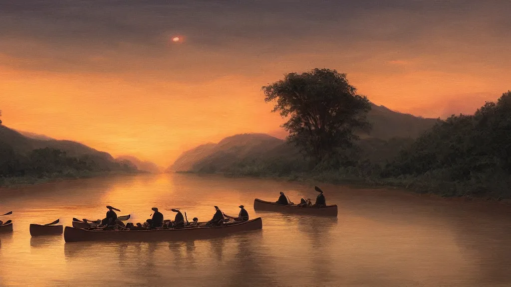 Prompt: painting of a beautiful landscape, evening sunset, hills, river, canoe, group of canoes floating down a river, beach, by noah bradley and greg rutkowski