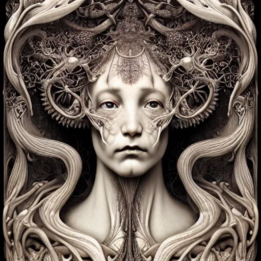 Image similar to detailed realistic beautiful porcelain calaveras face goddess portrait by jean delville, gustave dore, iris van herpen and marco mazzoni, art forms of nature by ernst haeckel, art nouveau, symbolist, visionary, gothic, neo - gothic, pre - raphaelite, fractal lace, intricate alien botanical biodiversity, surreality, hyperdetailed ultrasharp octane render