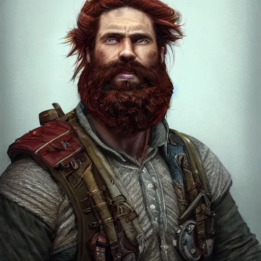 Image similar to portrait of a rugged ranger, 35 years old, beard, male, masculine, upper body, red hair, long hair, soft hair, D&D, fantasy, intricate,fantasy genre, magic, elegant, highly detailed, digital painting, artstation, concept art, matte, sharp focus, illustration, art by Artgerm and Greg Rutkowski and Alphonse Mucha