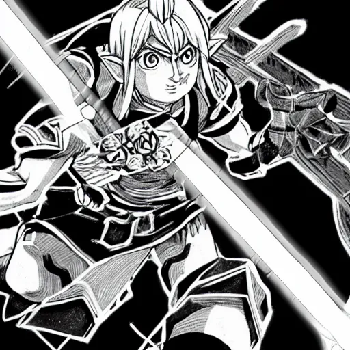 Image similar to fierce deity link fighting majora's mask in the style of kentaro miura, black and white