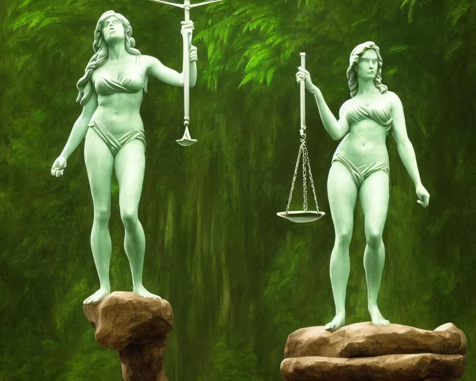 Image similar to lady justice statue in a rainforest clearing by raphael, hopper, and rene magritte. detailed, romantic, enchanting, trending on artstation.