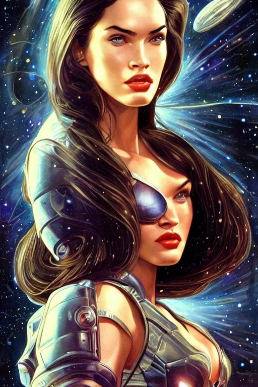 Image similar to young Megan Fox as a ruggedly beautiful retro SCI-FI space heroine 1985 , movie poster, intricate, elegant, highly detailed, centered, digital painting, artstation, concept art, smooth, sharp focus, illustration, art by artgerm and donato giancola and Joseph Christian Leyendecker, Ross Tran, WLOP