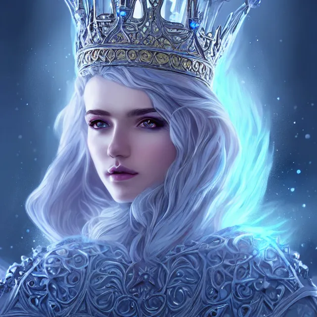 Prompt: beautiful cryromancer ice queen with ornate cloak and crown, highly detailed, 4 k, hdr, smooth, sharp focus, high resolution, award - winning photo, artgerm, photorealistic