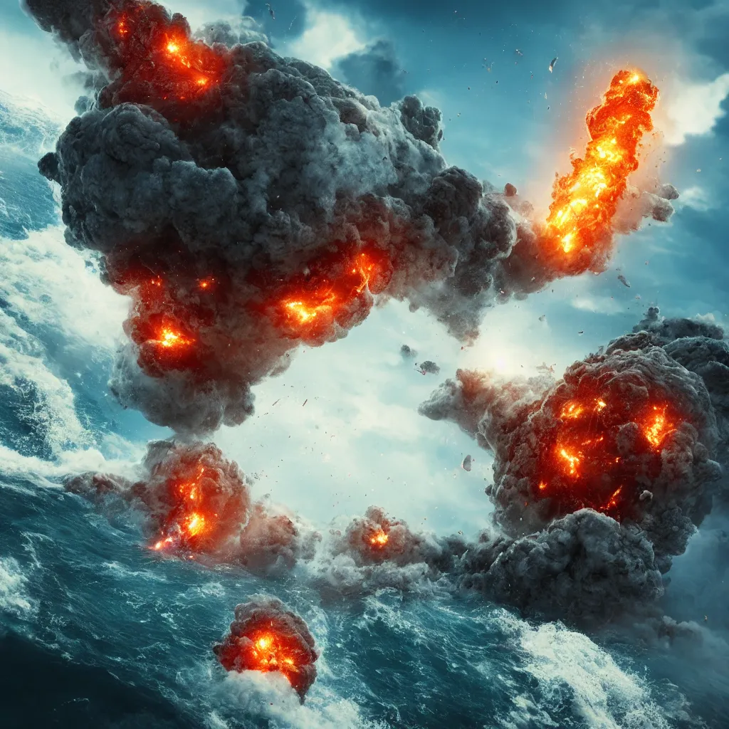 Prompt: two characters clashing & fighting over sphere of planet earth, one side water & Waterspouts & one side fire & volcano, octane render, future