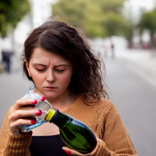 Prompt: photograph of woman holding a bottle in street, kodak, 4 k, realistic intricate detail, hyper detail, woman very tired, full body potrait holding bottle, hazel green eyes, realistic, highlydetailed, natural, masterpiece, sharp focus,