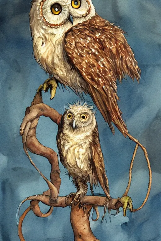 Image similar to inventor who mimics owls,painted by John Giunta and John Avon,trending on artstation, rocky lighting rear view,creature concept art,watercolor painting,Howl’s Moving Castle ,Lovecraftian ,narrative realism ,