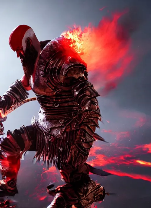 Image similar to red left eye paint stripe armored screaming kratos rocking out on a flaming stratocaster guitar, cinematic render, god of war 2 0 1 8, playstation studios official media, lightning, flames, clear, coherent, guitar