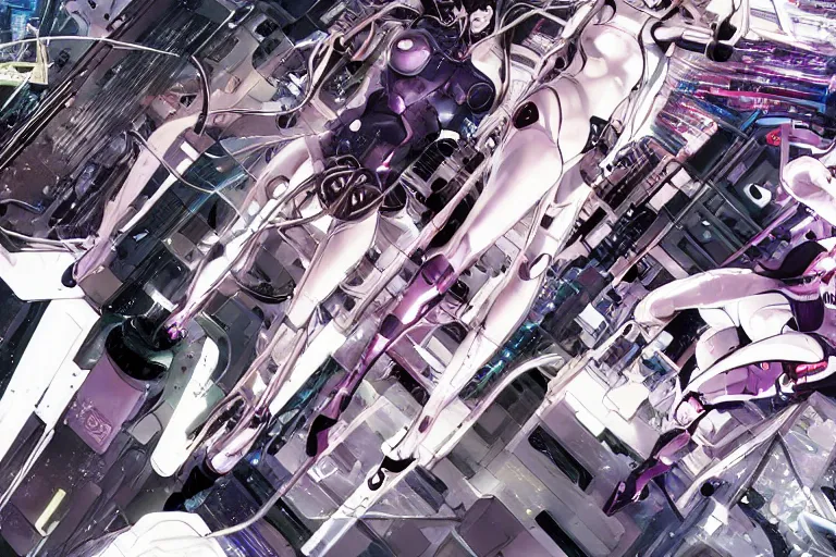 Prompt: a finely composed cyberpunk illustration of a group of white female androids' in style of hajime sorayama, lying scattered over an abstract, empty, white floor, by masamune shirow and katsuhiro otomo, hyper-detailed, colorful, view from above, wide angle, close up, spacious