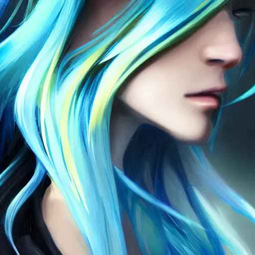 Image similar to side profile of rimuru tempest looking down with sky blue hair, long hair, gold eyes, high collar, 3 5 mm, black jacket | shiny, highly detailed, rain, professional digital painting, concept art, award - winning photography, cinematic, wlop | art by pixiv art, yoshitaka amano, deviantart