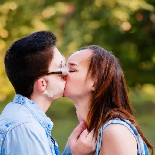 Prompt: couple kissing with bright blue glue paste in faces