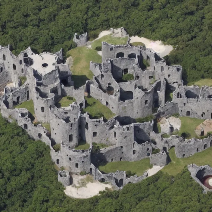 Image similar to aerial view of a punisher fortress from above on a hill by the ocean. castle shaped shaped exactly like the punisher symbol detailed