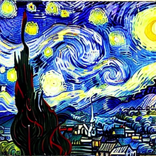 Prompt: the starry night where white is black and blue, very detailed, landscape-H 768