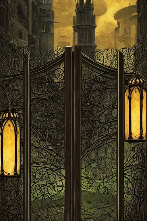 Prompt: a beautiful digital illustration painting of a detailed gothic fantasy fireflies and iron gate vines by giorgio de chirico, and david rios ferreira. 8 k resolution trending on artstation concept art digital illustration