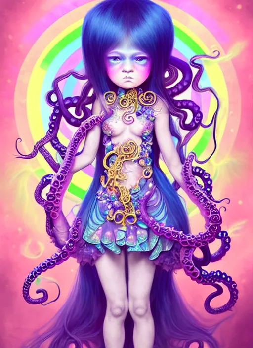 Image similar to A full body shot of a cute young magical girl wearing an ornate dress made of opals and tentacles. Chibi Monster GIrl. Subsurface Scattering. Dynamic Pose. Translucent Skin. Rainbow palette. defined facial features, symmetrical facial features. Opalescent surface. Soft Lighting. beautiful lighting. By Giger and Ruan Jia and Artgerm and WLOP and William-Adolphe Bouguereau and Loish and Lisa Frank. Fantasy Illustration. Sailor Moon. Masterpiece. trending on artstation, featured on pixiv, award winning, cinematic composition, dramatic pose, sharp, details, Hyper-detailed, HD, HDR, 4K, 8K.