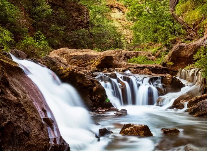 Image similar to a 2 8 mm macro photo of a flowing river and waterfalls in a huge canyon, splash art, movie still, bokeh, canon 5 0 mm, cinematic lighting, dramatic, film, photography, golden hour, depth of field, award - winning, anamorphic lens flare, 8 k, hyper detailed, 3 5 mm film grain, hazy