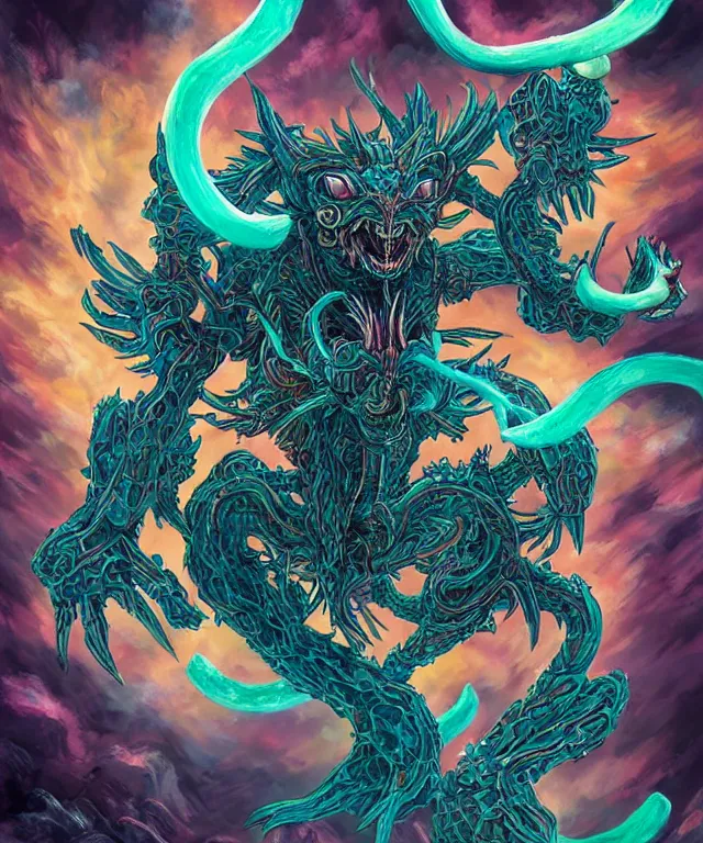 Prompt: a bandersnatch creature in a yu gi oh artstyle, adorable and whimsical,, fantasy, elegant, digital painting, artstation, unreal engine, octane render, concept art, matte, sharp focus, vibrant colors, high contrast, illustration, art by james jean and philippe druillet and josan gonzalez