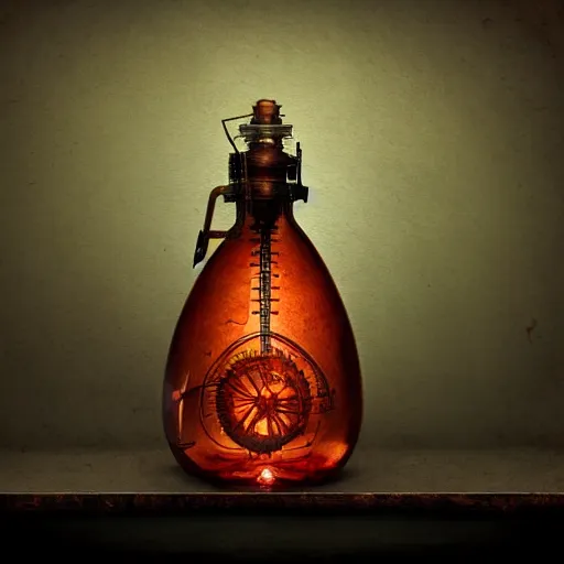 Prompt: a steampunk painting of a vintage red brown poison potion bottle, lit by a single ray of sunlight in a dark dusty vintage science lab, by h. r. giger, hyperrealistic fantasy art, concept matte, ethereal, dreamy, digital art, trending on artstation, volumetric cinematic lighting