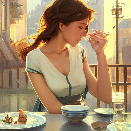 Image similar to a dinner date with the girl next door, slice of life, modern, realistic,!! looking at the camera!!, solo, first person pov, elegant, highly detailed, digital painting, artstation, concept art, matte, sharp focus, illustration, art by artgerm and greg rutkowski and alphonse mucha