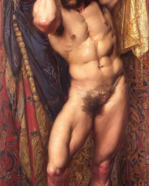 Image similar to muscular male, orientalist intricate portrait by john william waterhouse and edwin longsden long and theodore ralli and nasreddine dinet, oil on canvas. cinematic, hyper realism, dramatic lighting, high detail