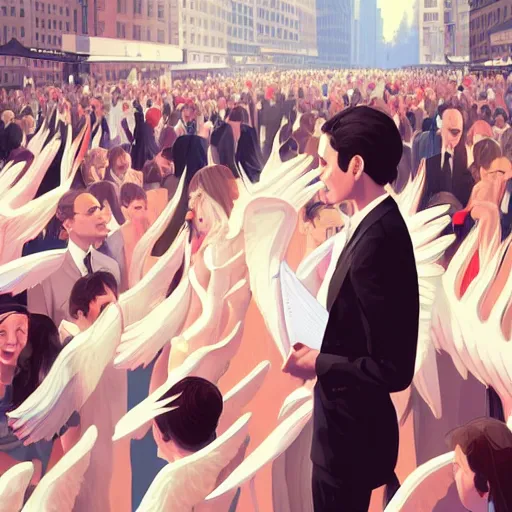 Image similar to cute beautiful girl with angel wings in suit crying in the Wall Street in the middle of the crowd, elegant, 2d, ultra highly detailed, digital painting, smooth, sharp focus, artstation, pixiv, art by Ilya Kuvshinov