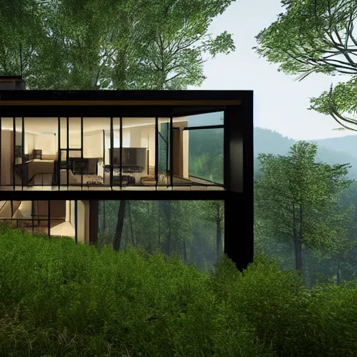 Image similar to a clearing in the forest revealing a private, modern home on a hill, garden, long driveway, unreal engine