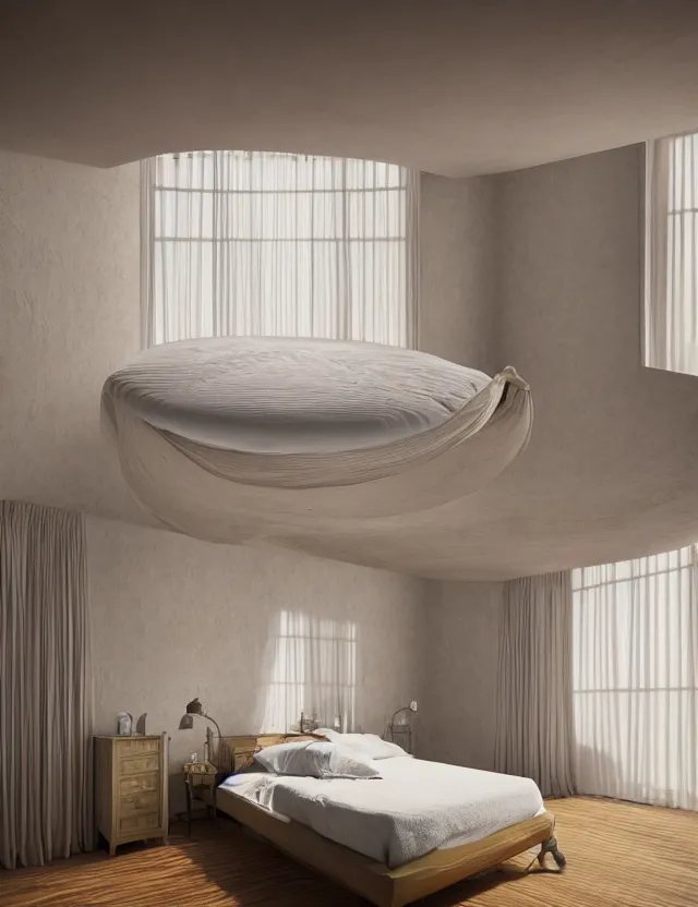 Prompt: an ultra wide angle photo of a bed hovering above the floor in the middle of a giant bedroom with windows opening to other worlds by casey weldon and lee madgewick, photorealistic, octane render, recursive, flowing, cascading, multiverse, labyrinthine