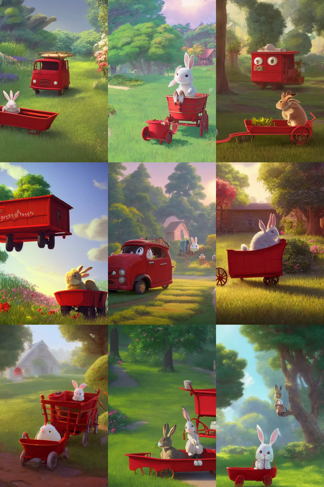 Prompt: a wholesome cottagecore illistration of a happy rabbit riding in a red wagon in the front yard, studio Ghibli, Pixar and Disney animation, sharp, Rendered in Redshift and Unreal Engine 5 by Greg Rutkowski, Bloom, dramatic lighting