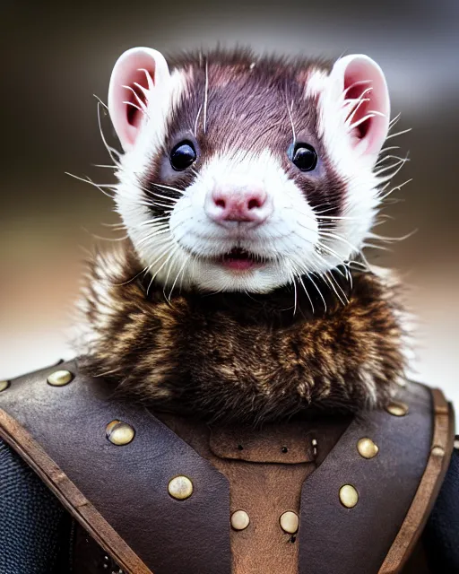 Image similar to ferret warrior, furry, fantasy, viking, high detailed, photography, cloudy, lightweight leather armour, scandinavia, plain, detailed face, look into the distance, serious face, full body, in full growth, professional photographer, masterpiece, 5 0 mm, extremely detailed, 8 k