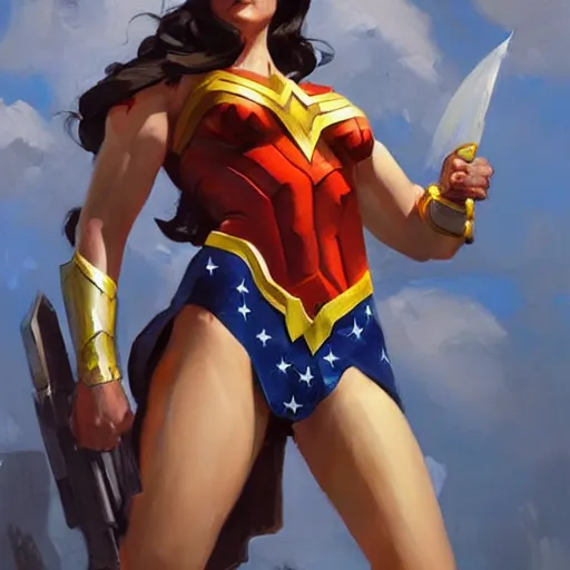 Image similar to greg manchess portrait painting of wonderwoman as overwatch character, medium shot, asymmetrical, profile picture, organic painting, sunny day, matte painting, bold shapes, hard edges, street art, trending on artstation, by huang guangjian and gil elvgren and sachin teng