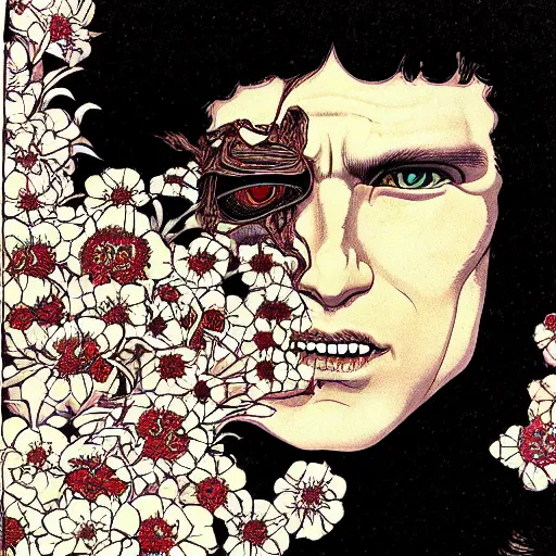 Prompt: symmetrical jim morrison as a vampire lizard king, very detailed style of takato yamamoto lots of flowers