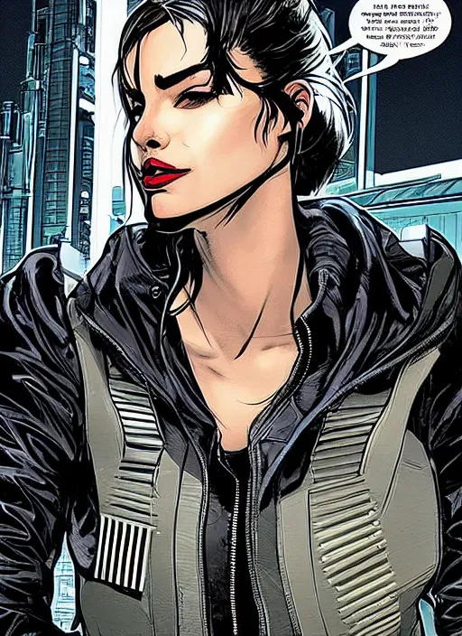 Prompt: feminist selina. gorgeous female cyberpunk assassin wearing a military vest, and tactical jumpsuit. gorgeous face. realistic proportions. concept art by james gurney, laurie greasley, and josan gonzalez. pop art. moody industrial skyline. artstationhq. creative character design for cyberpunk 2 0 7 7.