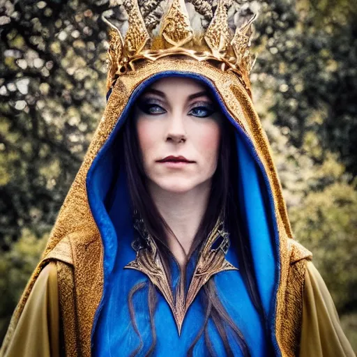 Image similar to photo of a beautiful elven queen queen with ornate crown and cloak, telephoto lens