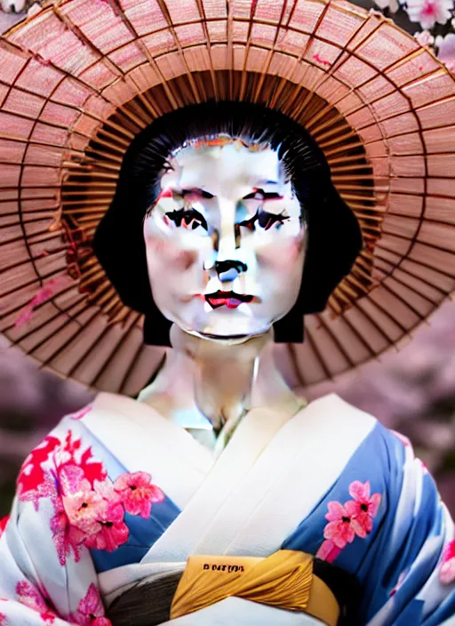 Image similar to Beautiful Japanese geisha close up portrait shot, 1920s geisha, Japanese, young woman, half body photo, upper body, traditional geisha clothing, geisha makeup, geisha hairstyle, hyper realistic, 8k detail, trending, professional photography, cherry blossom background