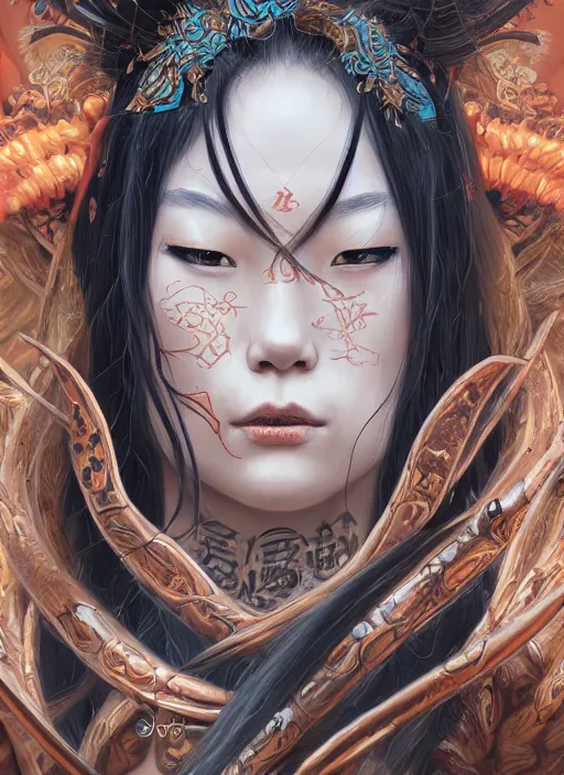 Image similar to a beautiful detailed oil on copper art illustration of a waka onna mask shogun devil woman, centered, by charlie bowater, zeng fanzh, trending on artstation, dim dusk lighting, cinematic lighting, detailed lighting, volumetric lighting, realistic, f 8, 4 k hd wallpaper