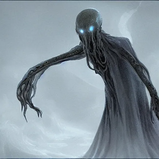 Image similar to concept designs for an ethereal ghostly wraith like figure with a squid like parasite latched onto its head and long tentacle arms that flow lazily but gracefully at its sides like a cloak while it floats around a frozen rocky tundra in the snow searching for lost souls and that hides amongst the shadows in the trees, this character has hydrokinesis and electrokinesis for the resident evil village video game franchise with inspiration from the franchise Bloodborne and the mind flayer from stranger things on netflix