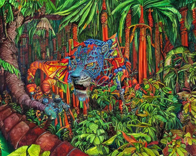 Image similar to surreal colorful nightmarish garden las pozas, mayan jaguar warrior, artwork by ralph bakshi