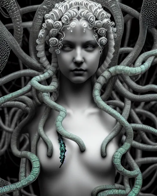 Image similar to mythical dreamy underwater artistic black and white 3 d render of a translucent beautiful young female angelic - medusa - vegetal - doll, highly detailed, intricate crystal ivy jelly ornate, poetic, translucent algae ornate, digital art, octane render, 8 k artistic photography, photo - realistic, hg giger flora borsi