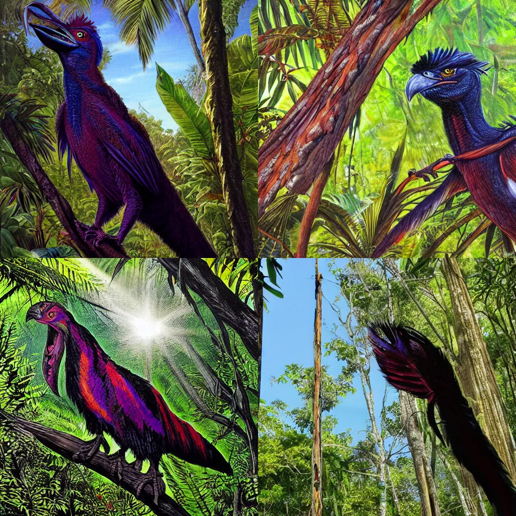 Prompt: a dark and vivid feathered theropod by james gurney, in direct sunlight, light through jungle canopy