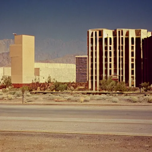 Image similar to 1 9 7 0 s movie still of a empty mammoth stalinist style town with high - rise in the desert, cinestill 8 0 0 t 3 5 mm eastmancolor, heavy grain, high quality, high detailed