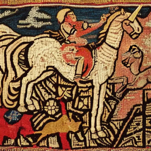 Image similar to highly textured ancient tapestry with a unicorn hunt scene made of threads realistic 15th century, museum