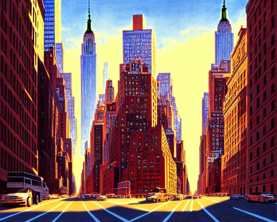 Image similar to new york in the future, city streets, golden hour, perspective artwork, photorealism