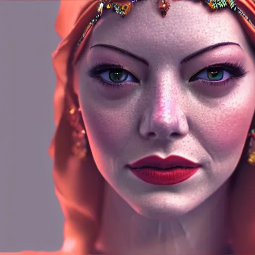 Image similar to a close up portrait of emma stone, she is dressed as a belly dancer,, arabian night, in focus sharp face with fine details, anatomically correct hands by albrecht durer, volumetric lightening, octane render, high quality, fully detailed, 4 k, alphonse mucha, masterpiece, stunning